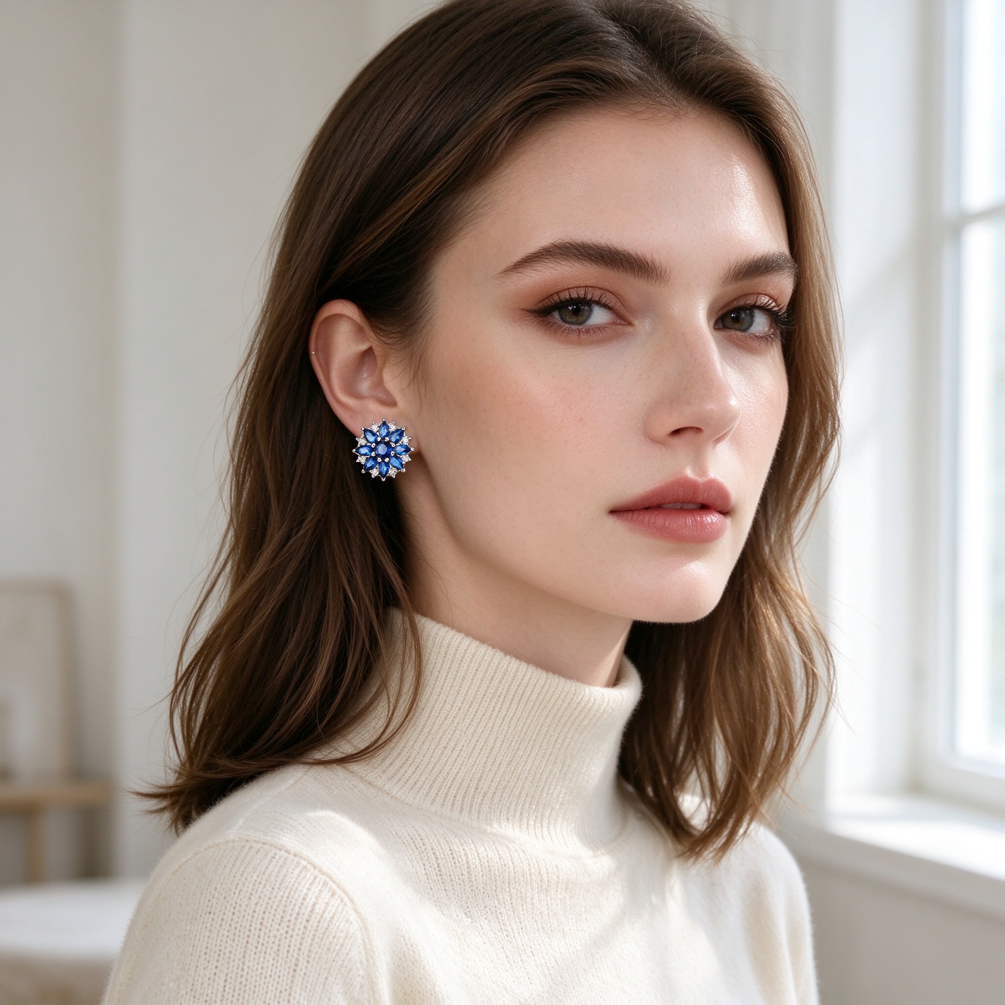 Model wearing blue spinel snowflake stud earrings with a knit sweater