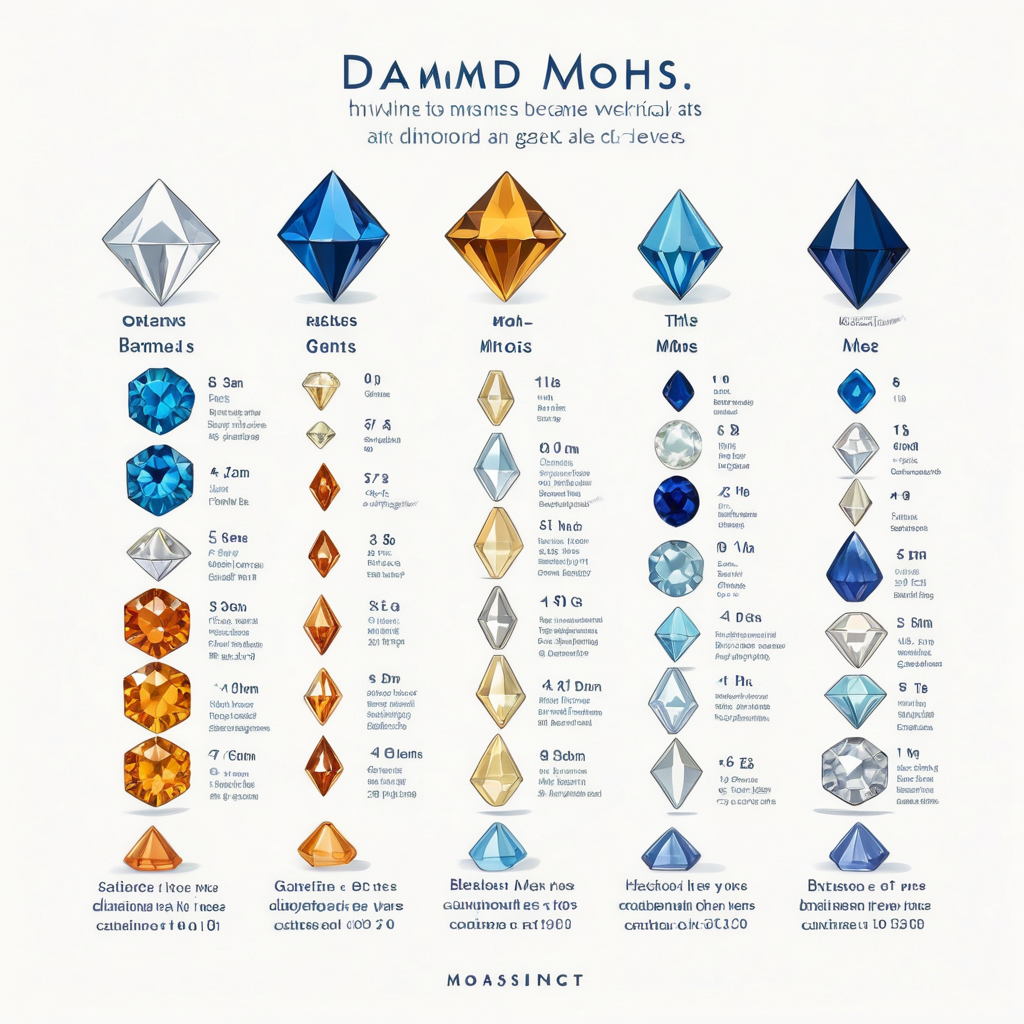 Mohs hardness scale ranking: diamond 10, moissanite 9.25, sapphire, topaz, quartz
