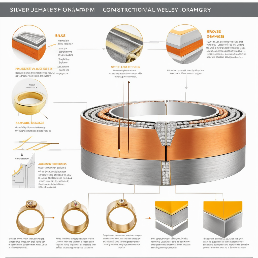 Cross-section diagram of silver-plated jewelry layer structure: brass base, copper middle, silver plating top