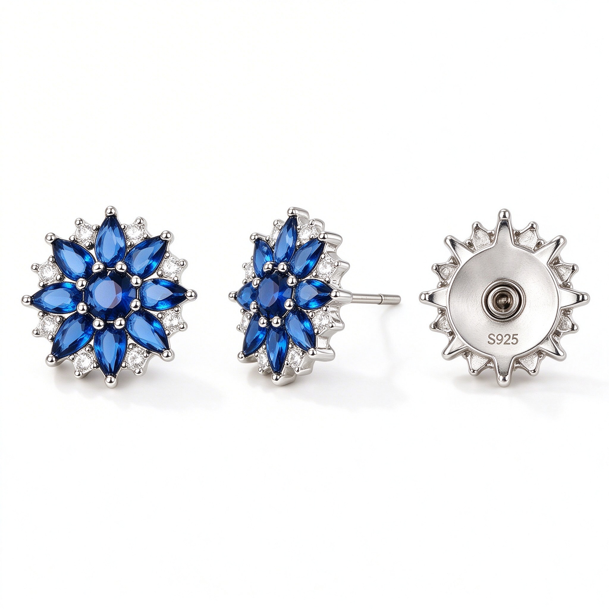 Lab-grown blue spinel stones shown at multiple angles in sterling silver setting