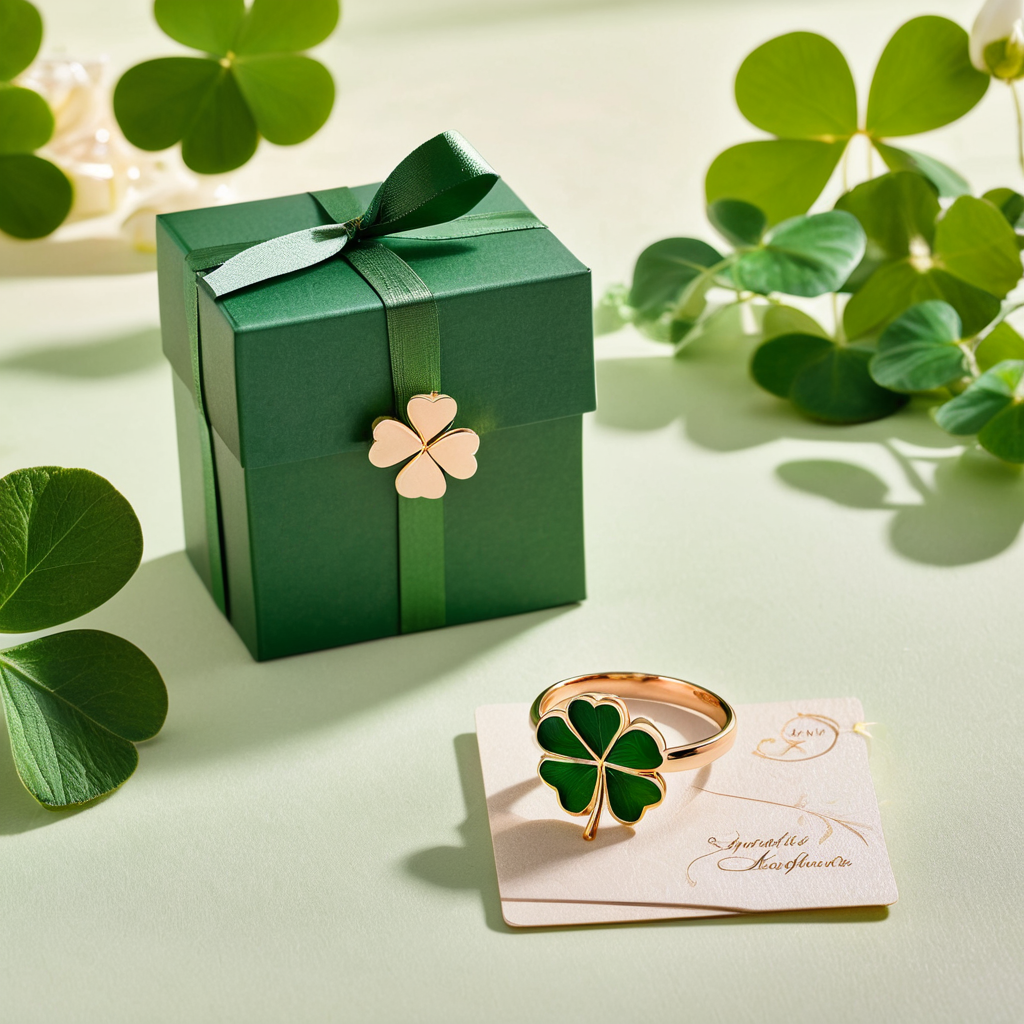 Four leaf clover ring graduation gift box display with green themed card