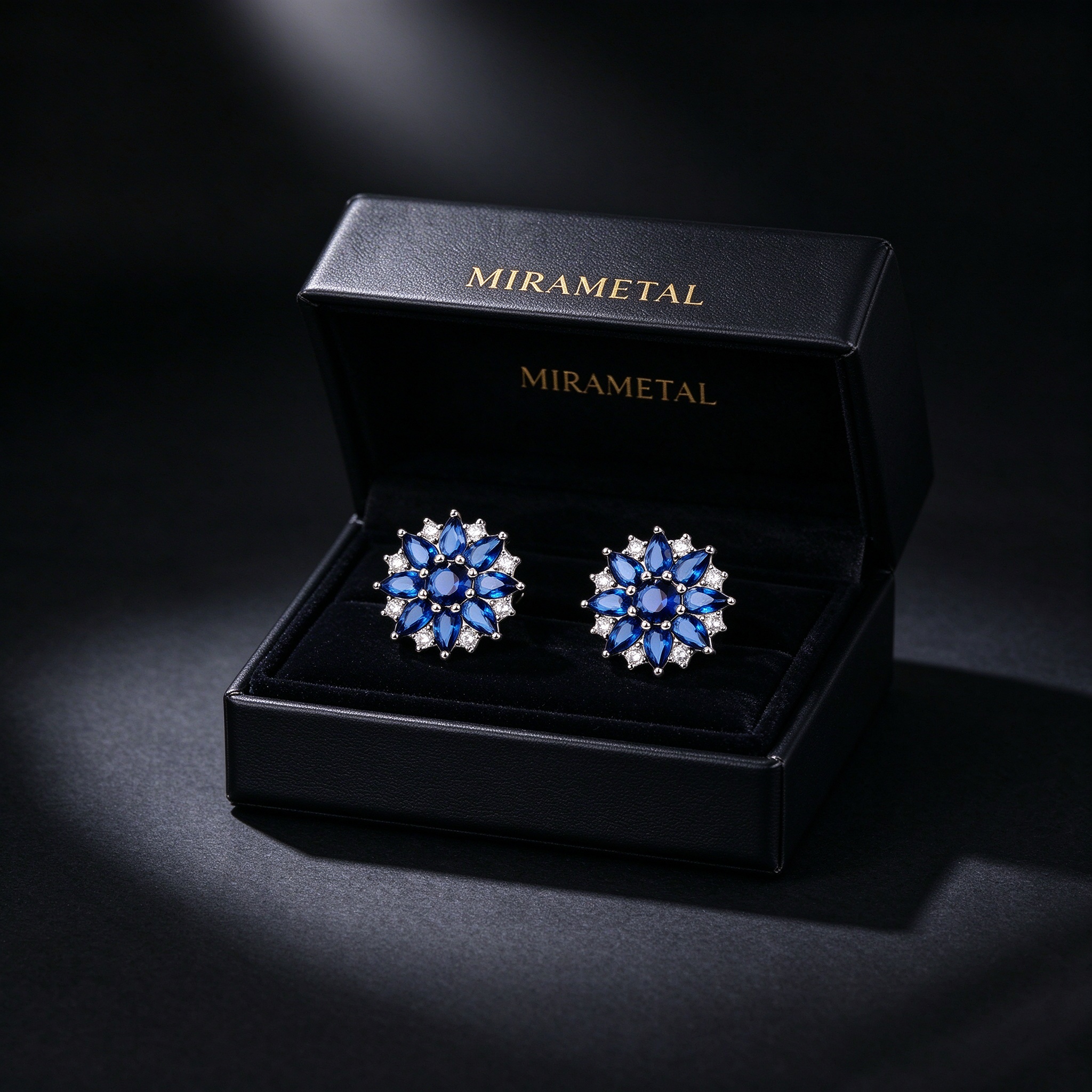 Blue spinel earrings in MIRAMETAL gift box with care card