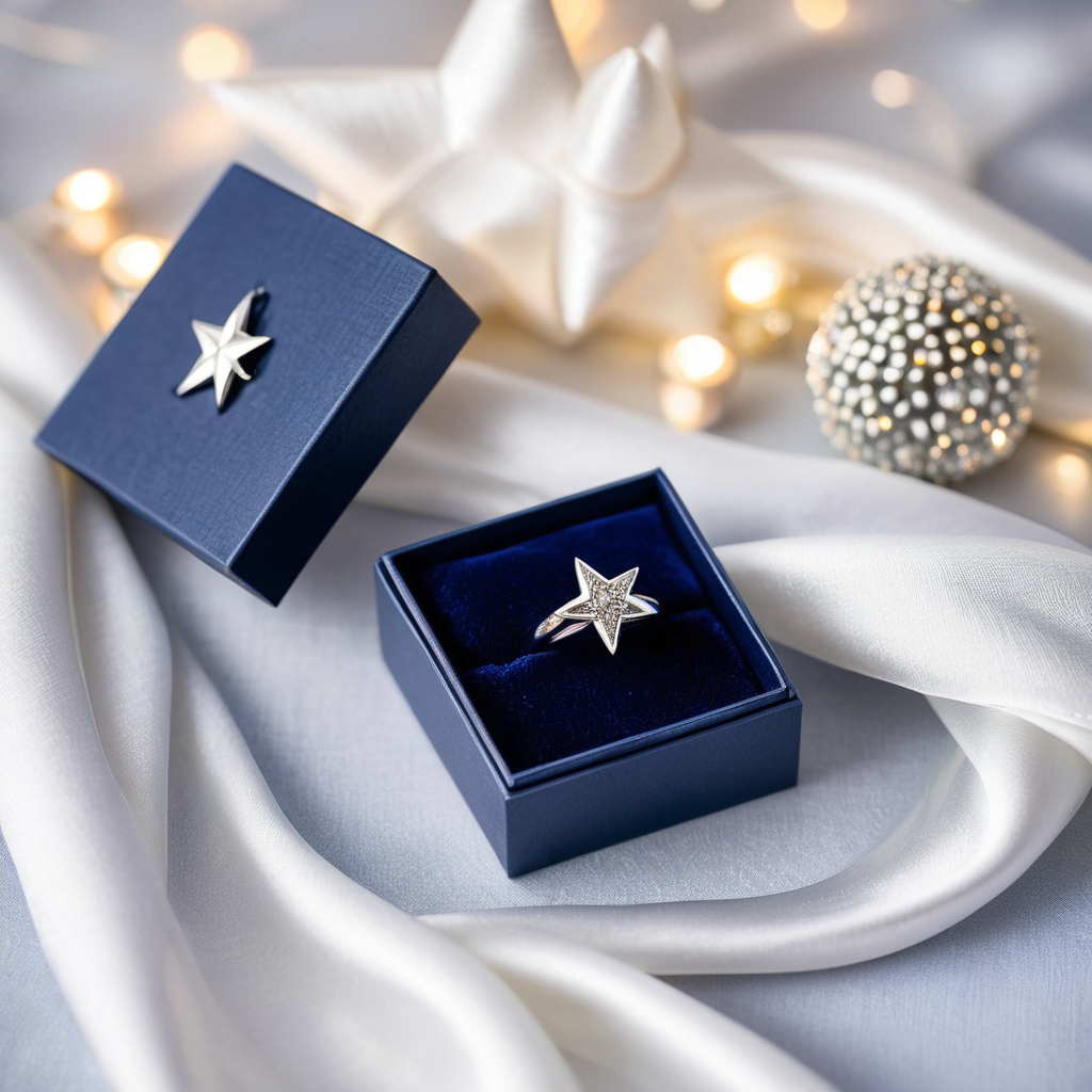 Silver star ring graduation gift box display with handwritten card explaining star meaning