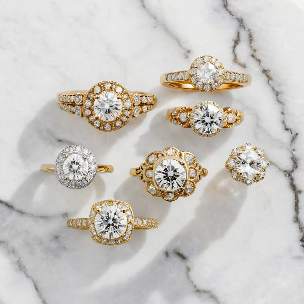 Moissanite engagement ring collection: solitaire, halo, three-stone, vintage filigree settings