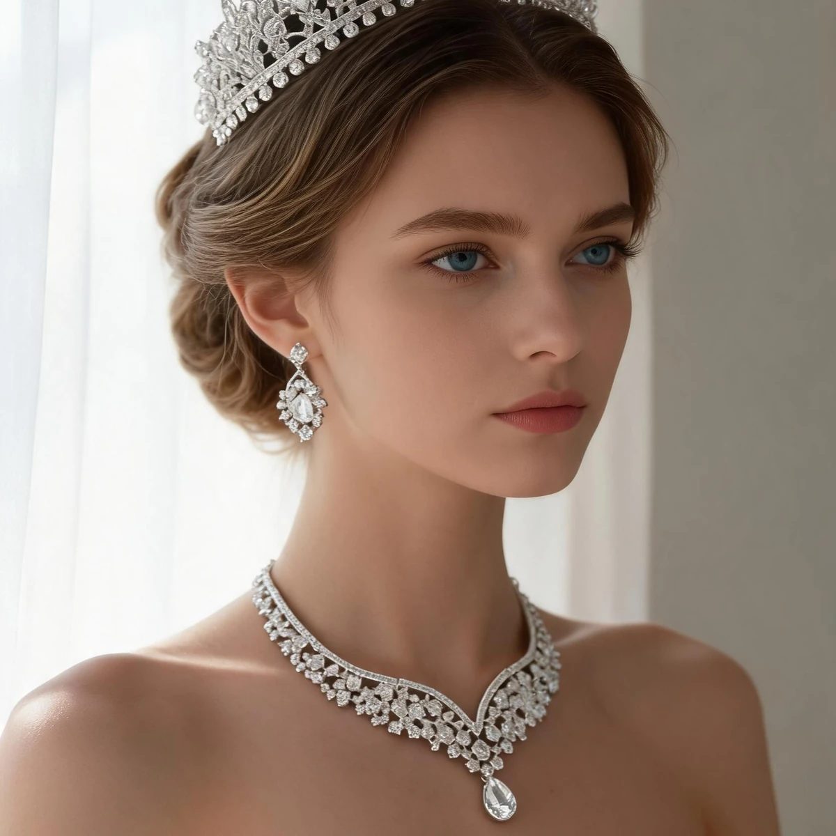 Western bride wearing complete Baroque bridal jewelry set