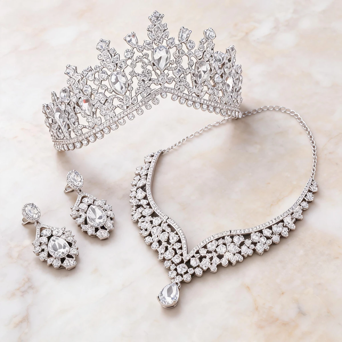 crystal crown necklace and earrings set material detail