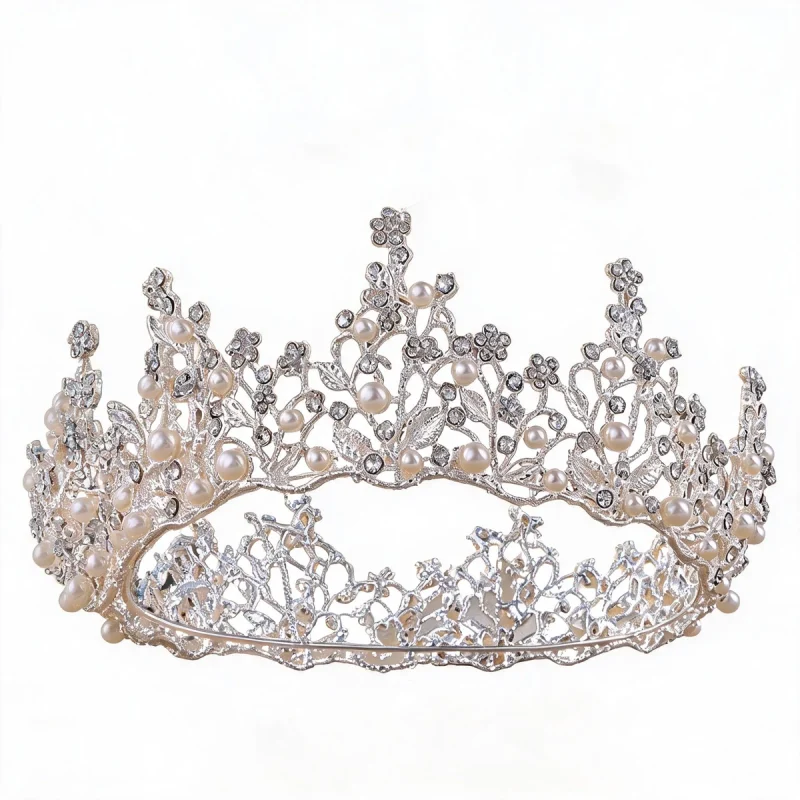 round Baroque bridal crown with pearl floral details and clear stones