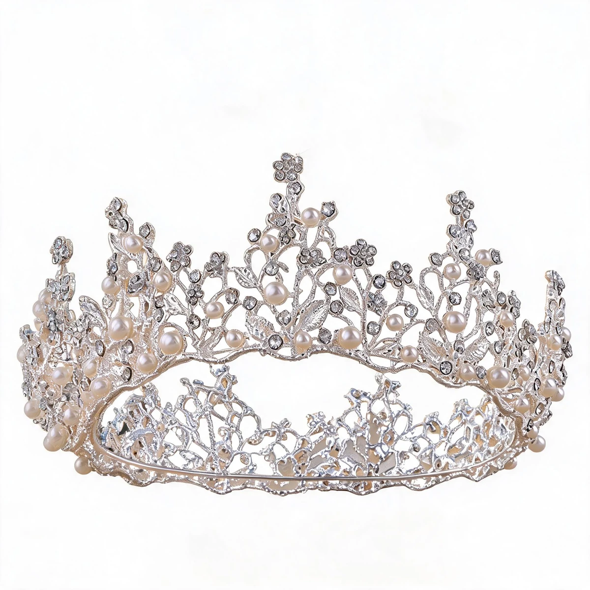 Round Baroque Bridal Crown - Pearl Floral Tiara