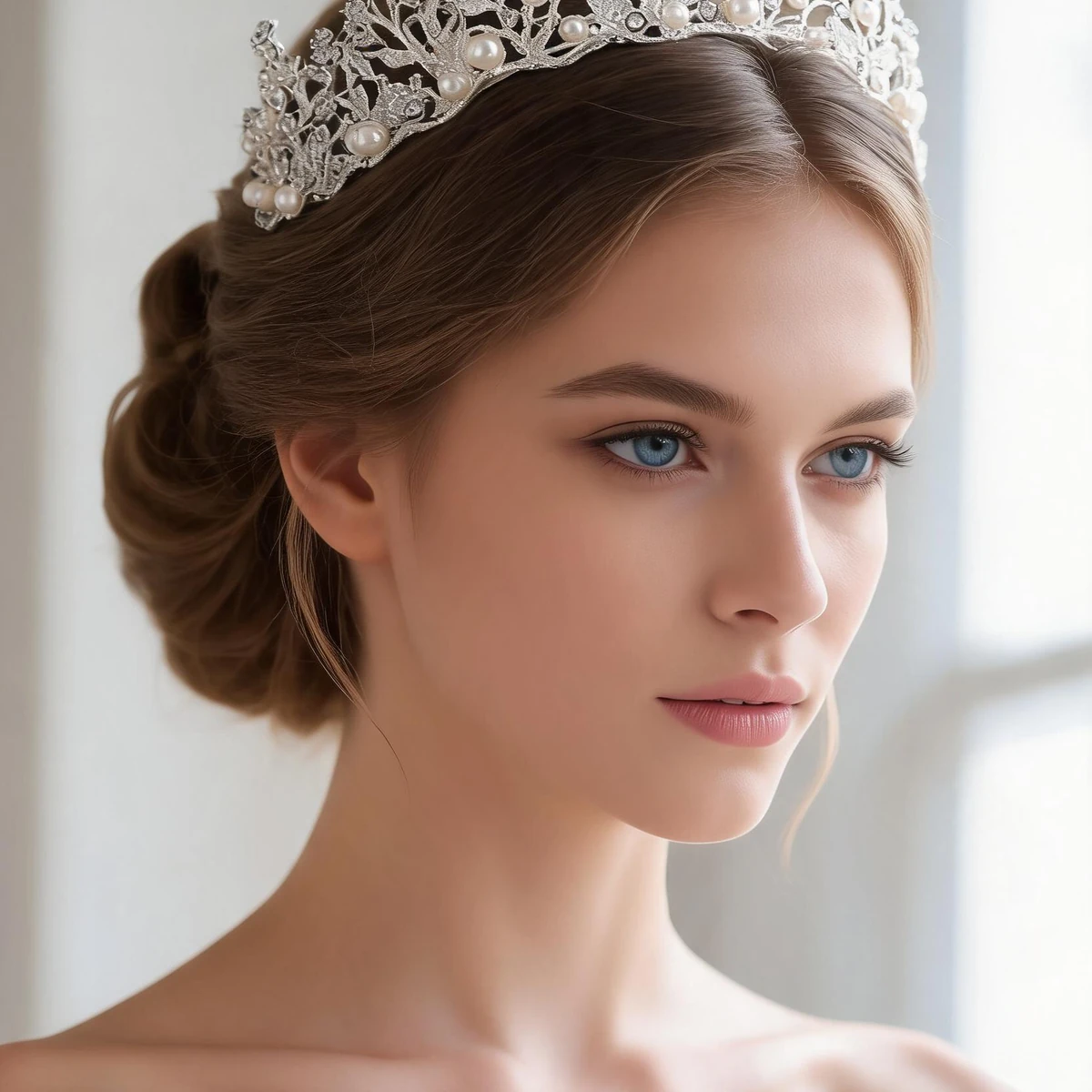 Western bride wearing round Baroque pearl crown in window light