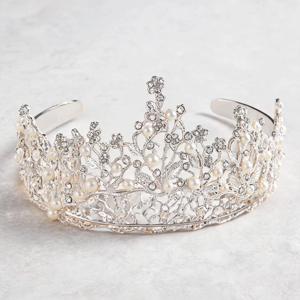 pearl beads and clear stones on white gold Baroque crown