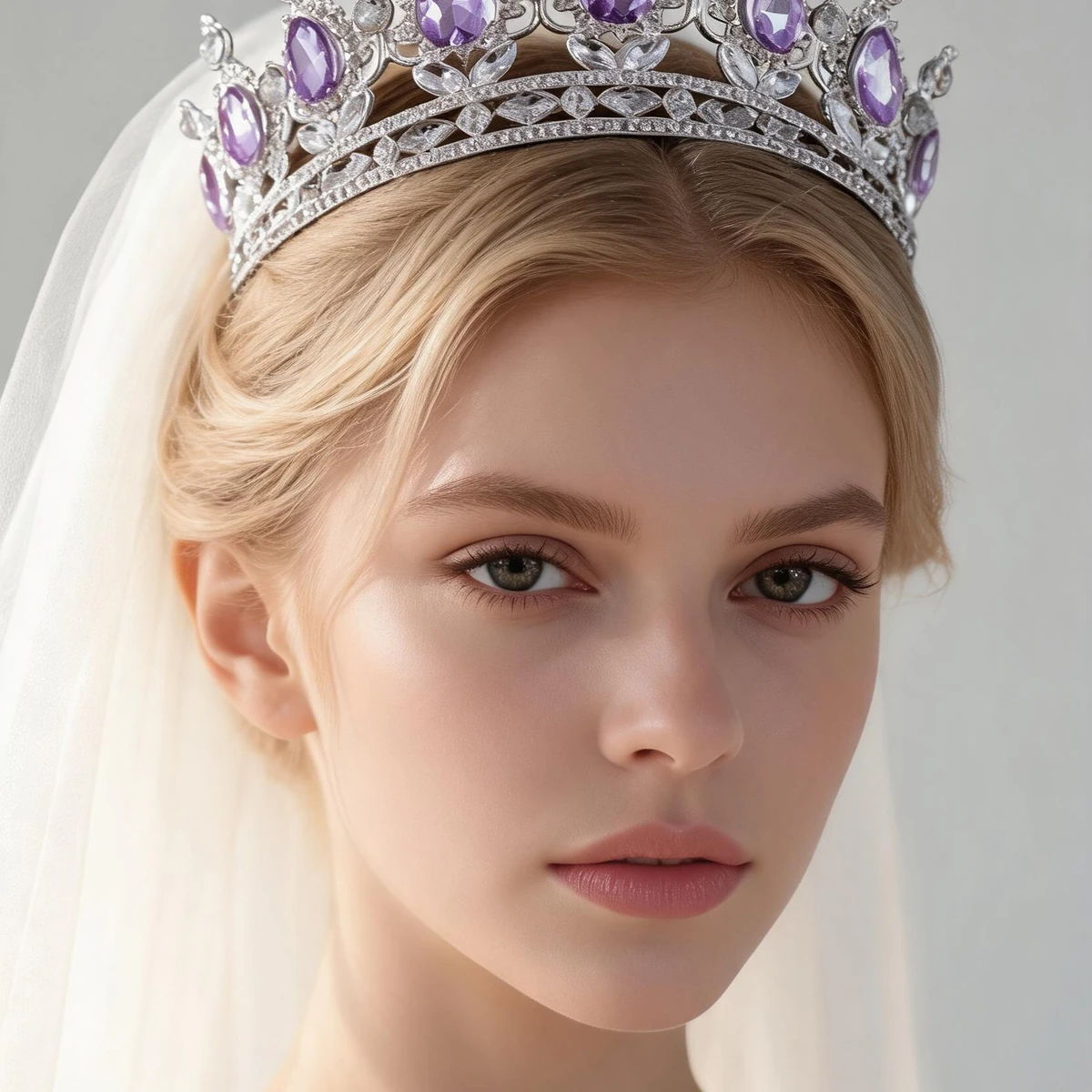 Western bride wearing waterdrop crystal crown in window light