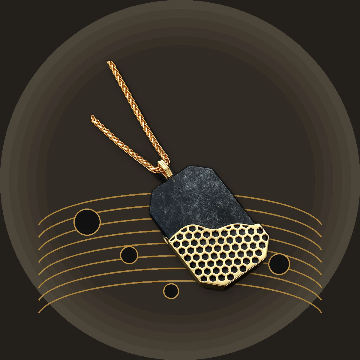 Black obsidian wave pendant design story with gold and stone swatches