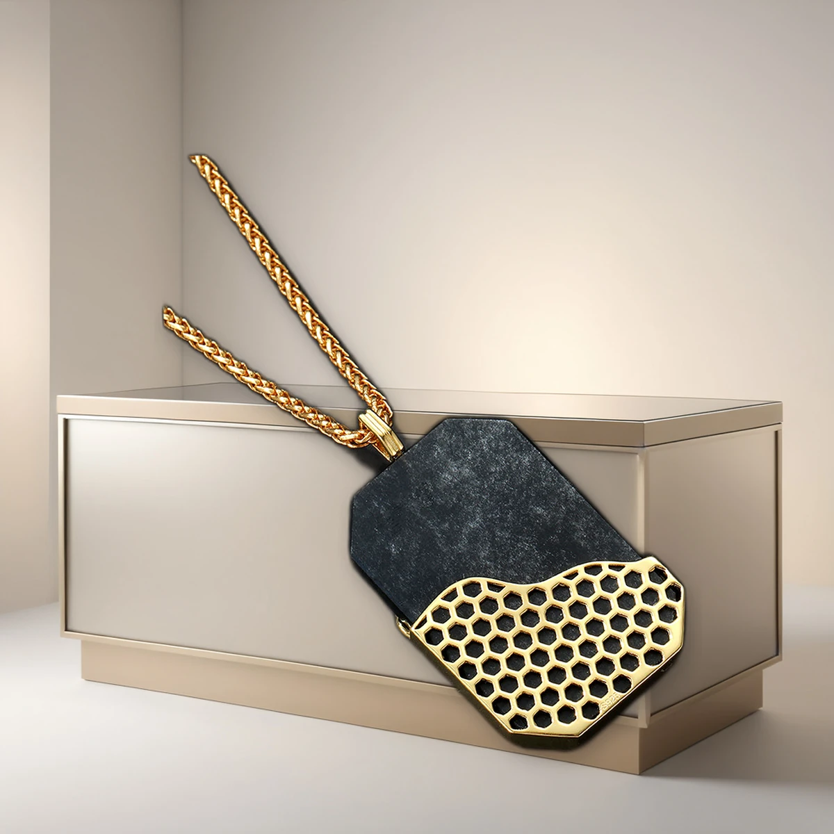Material detail of 24K gold plated 925 silver and black obsidian pendant
