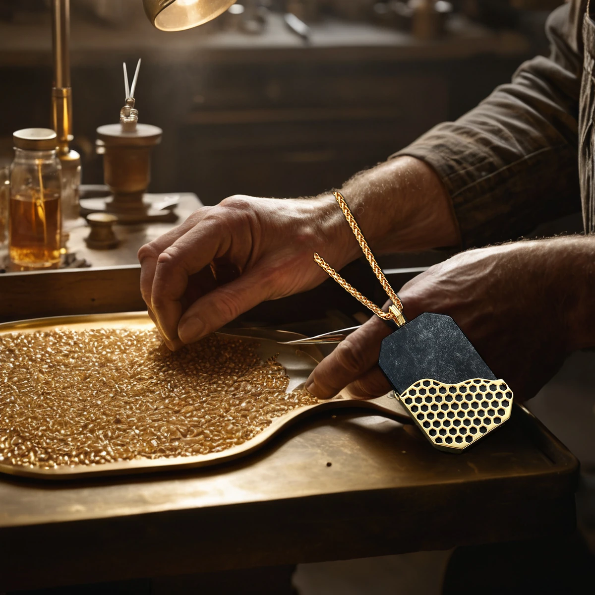 Jeweler setting a black obsidian wave pendant