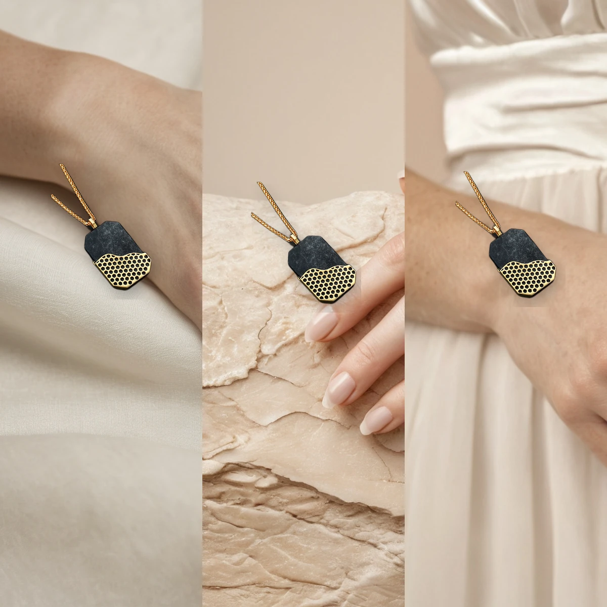 Three styling ideas for a black obsidian gold pendant