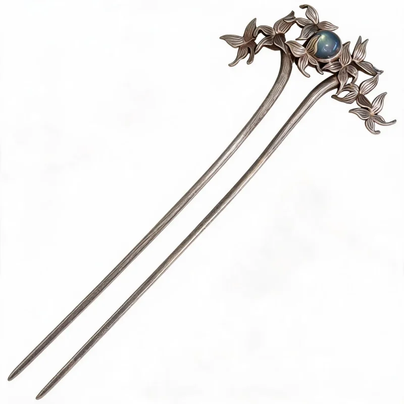 butterfly moonstone hairpin with grey stone and antique silver tone