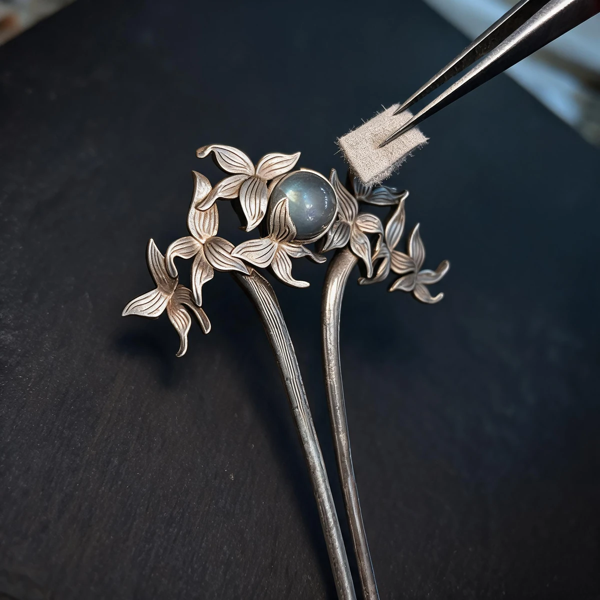 butterfly moonstone hairpin craftsmanship and stone setting detail