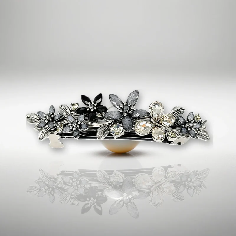Black and silver flower hair clip with five sculpted floral clusters
