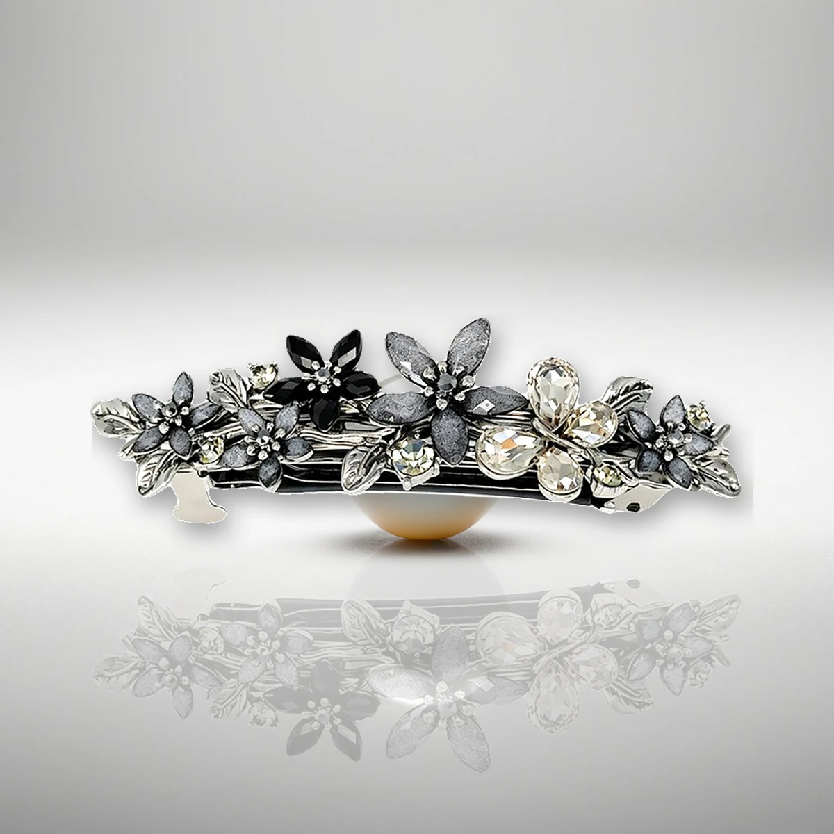 Flower Rhinestone Hair Clip - Black Silver Vintage