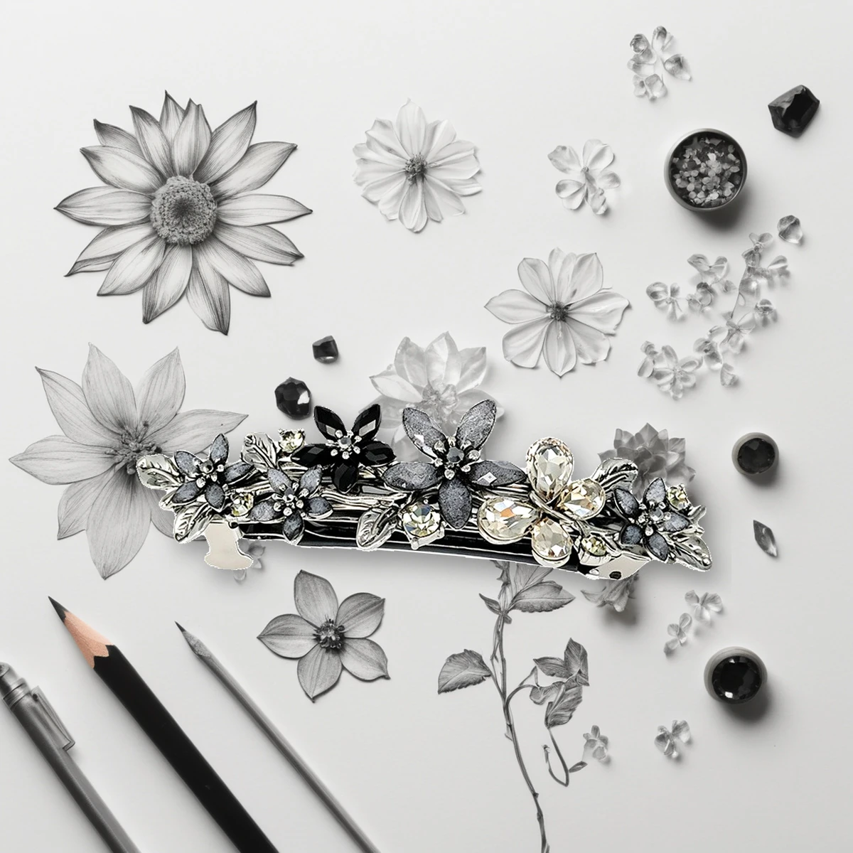 Design inspiration for the vintage flower hair clip with clear rhinestones