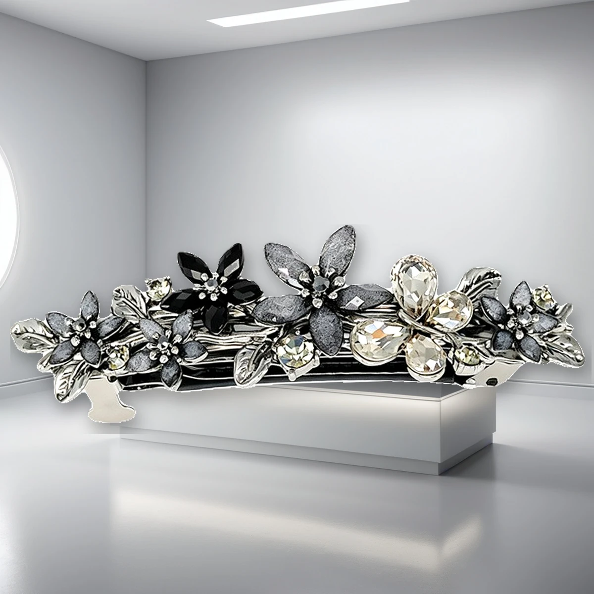 Close view of crystal rhinestones on the black silver flower hair clip