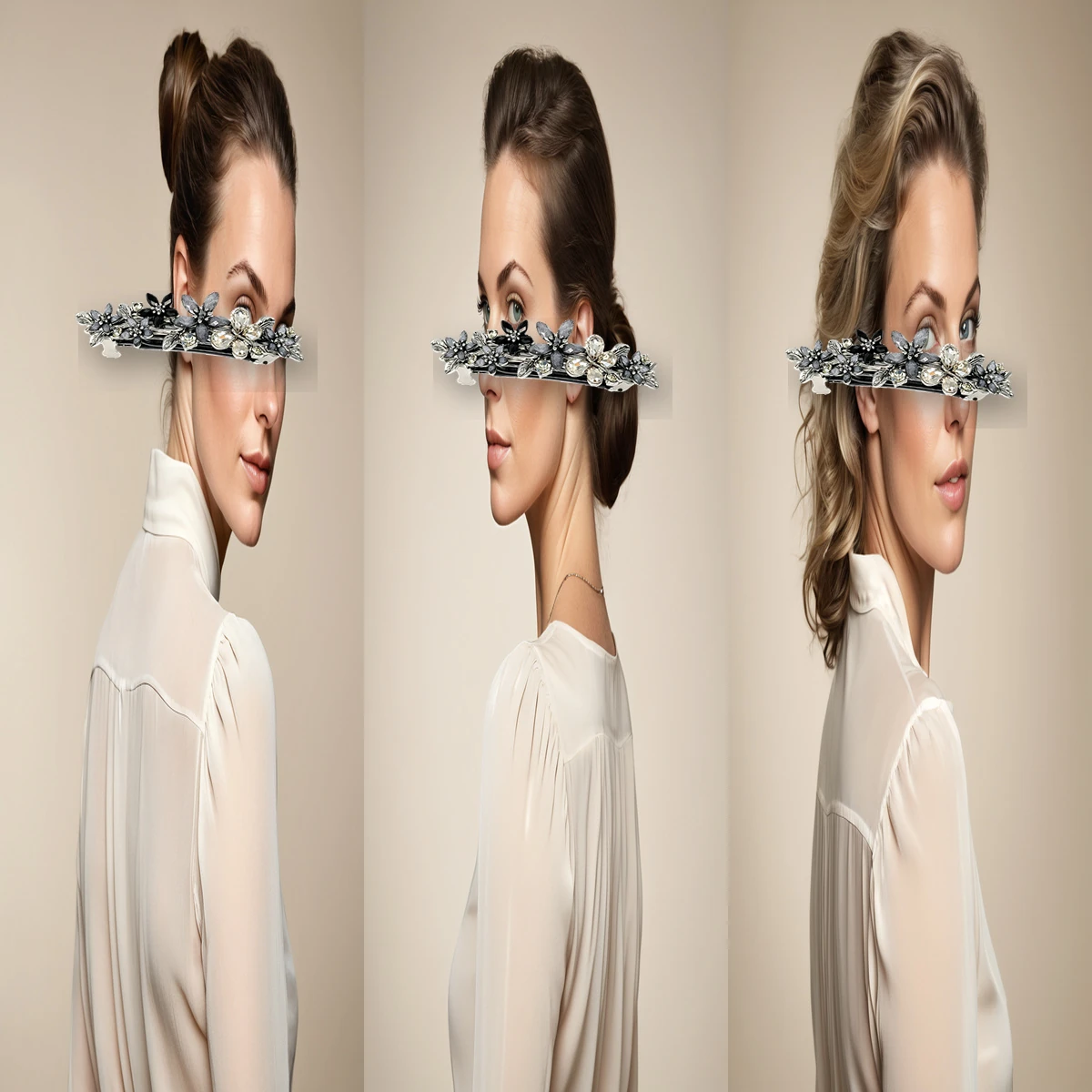 Three styling ideas for the flower hair clip on Western models