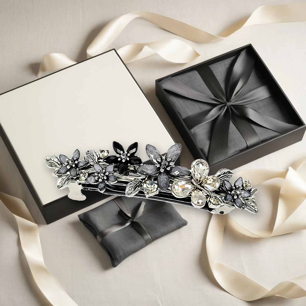 Gift packaging set with the black silver flower hair clip