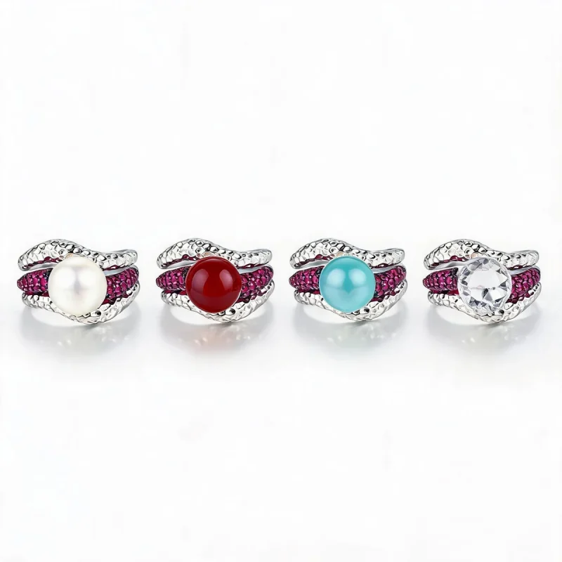 Gemstone statement rings in pearl red agate aqua and crystal