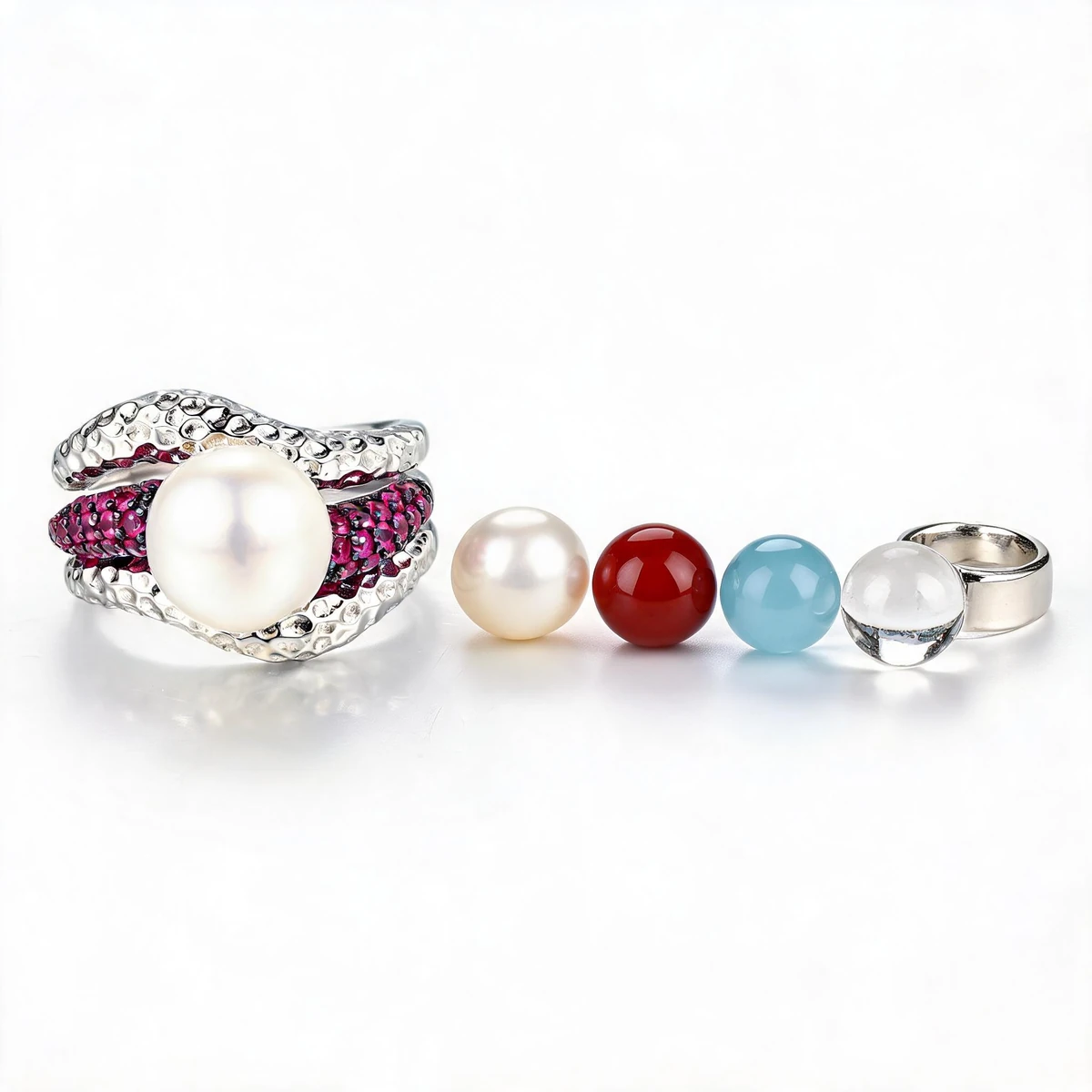 Four natural gemstone options for a 925 silver statement ring in pearl red agate aqua and crystal