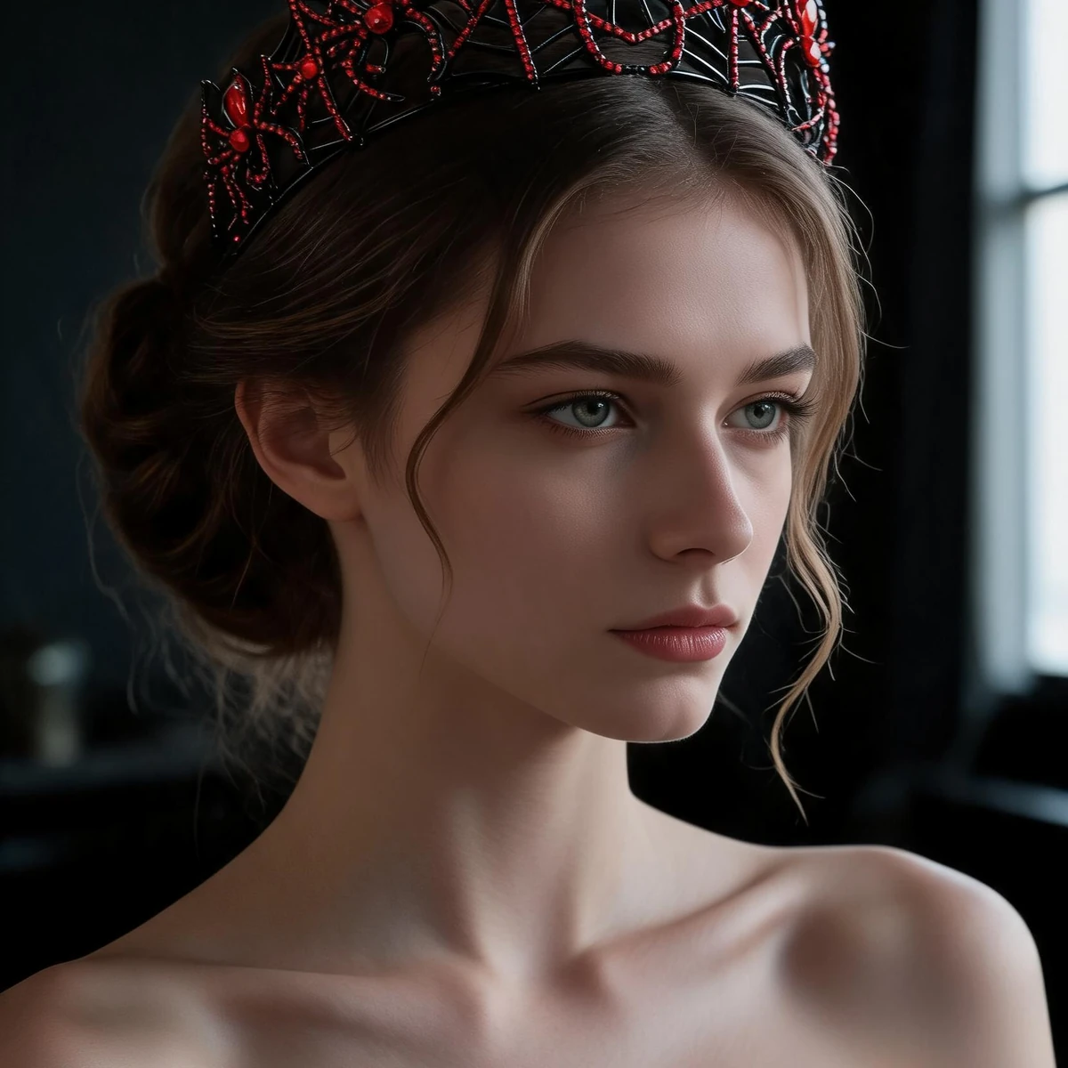 Western woman wearing Halloween spider crown