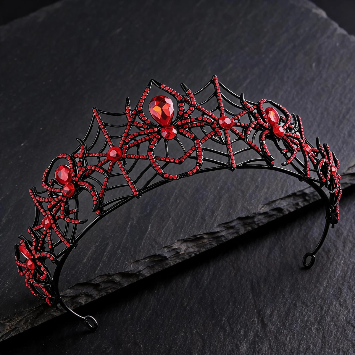 red rhinestones and black metal on spider crown