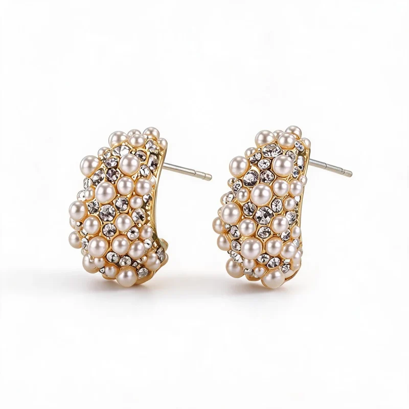 Pearl flower earrings with gold-tone cluster and crystal accents