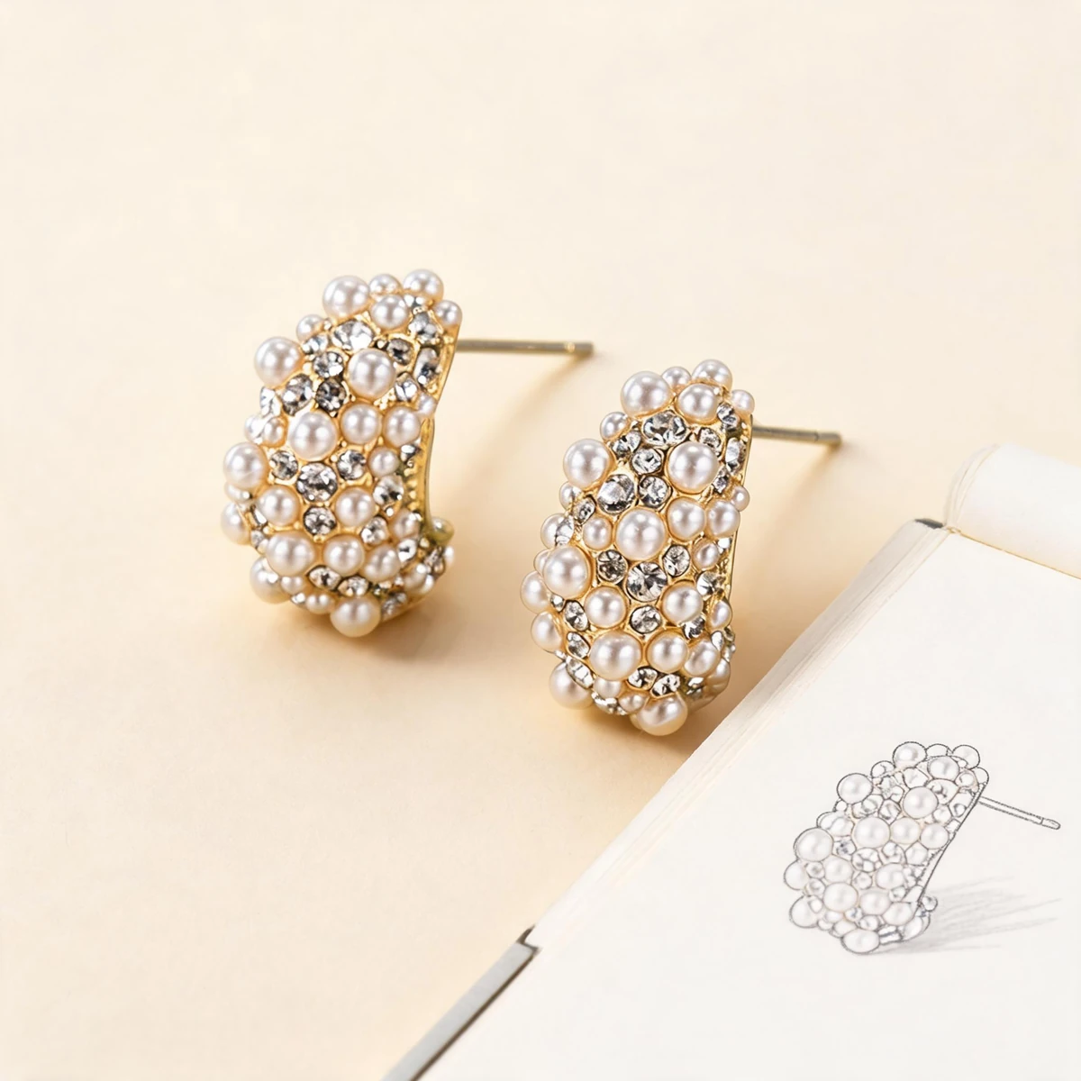 Pearl flower earrings design story with floral sketch and gold cluster detail