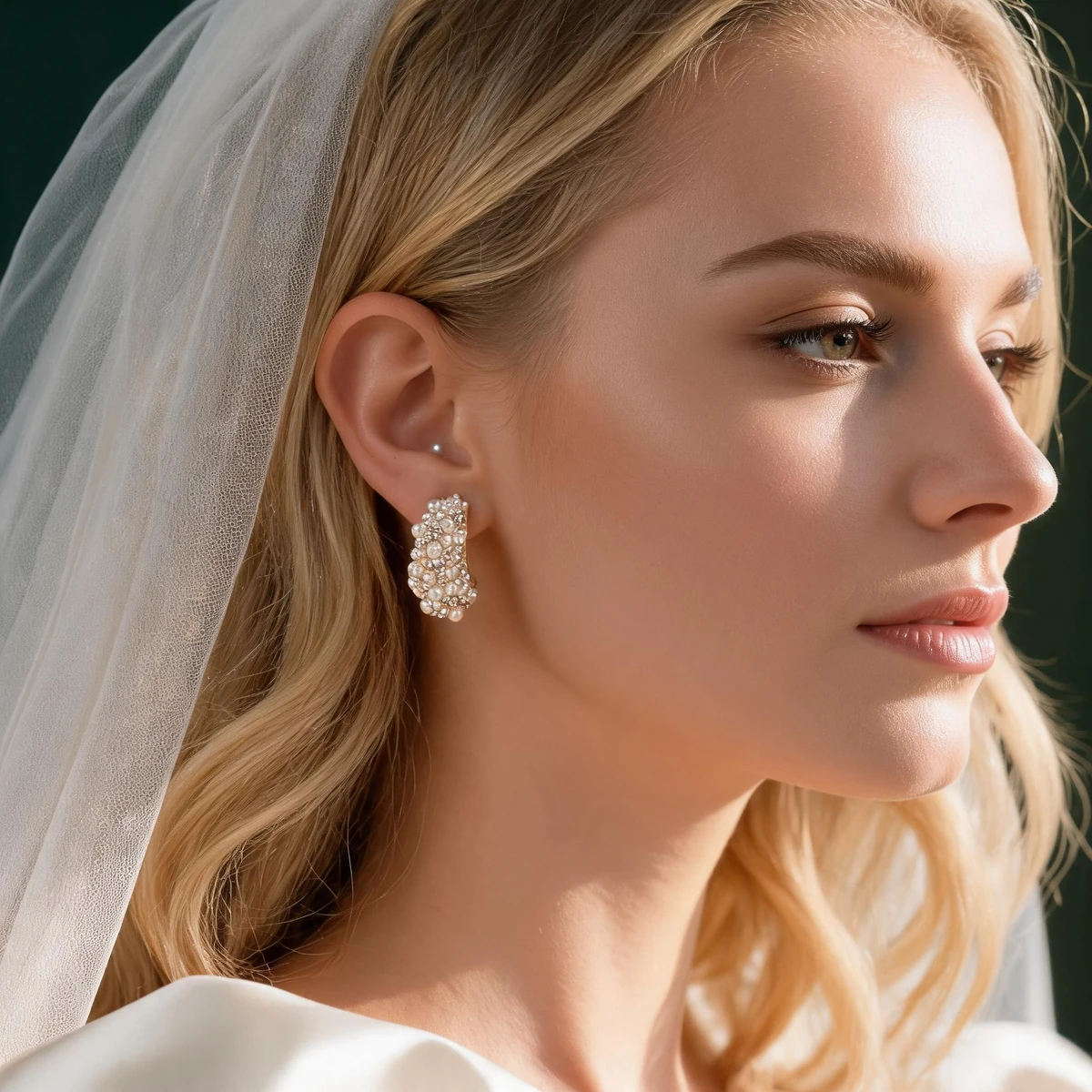 Bride wearing gold pearl flower earrings with wedding veil