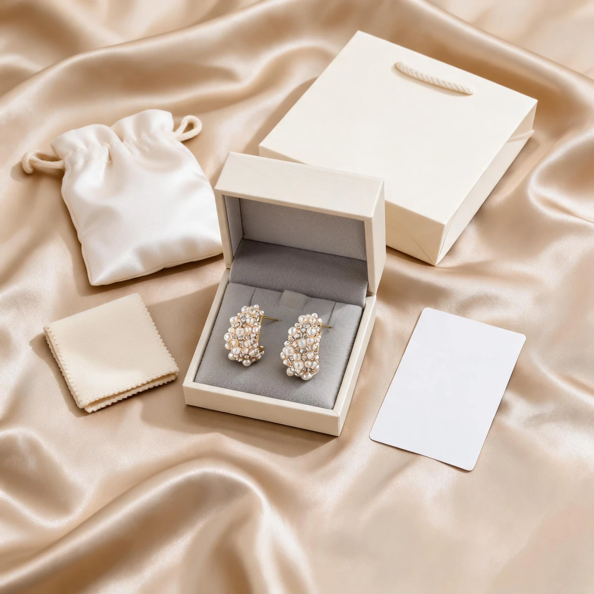 Pearl flower earrings complete gift set with box pouch and polishing cloth