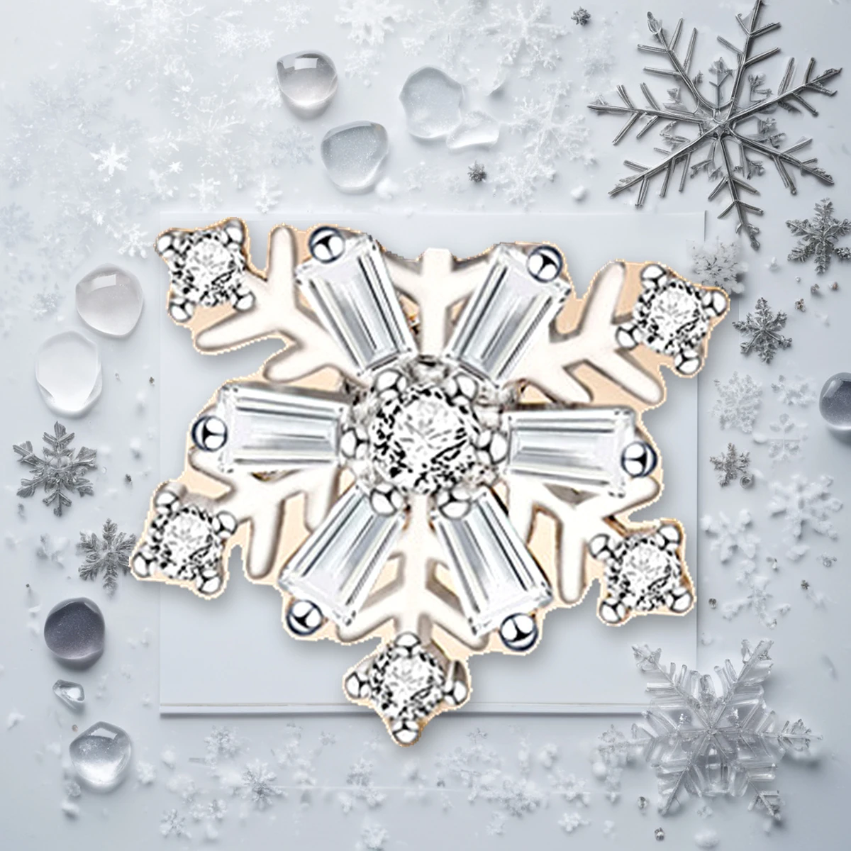 Rotating snowflake necklace design story with crystal swatches and winter sketch