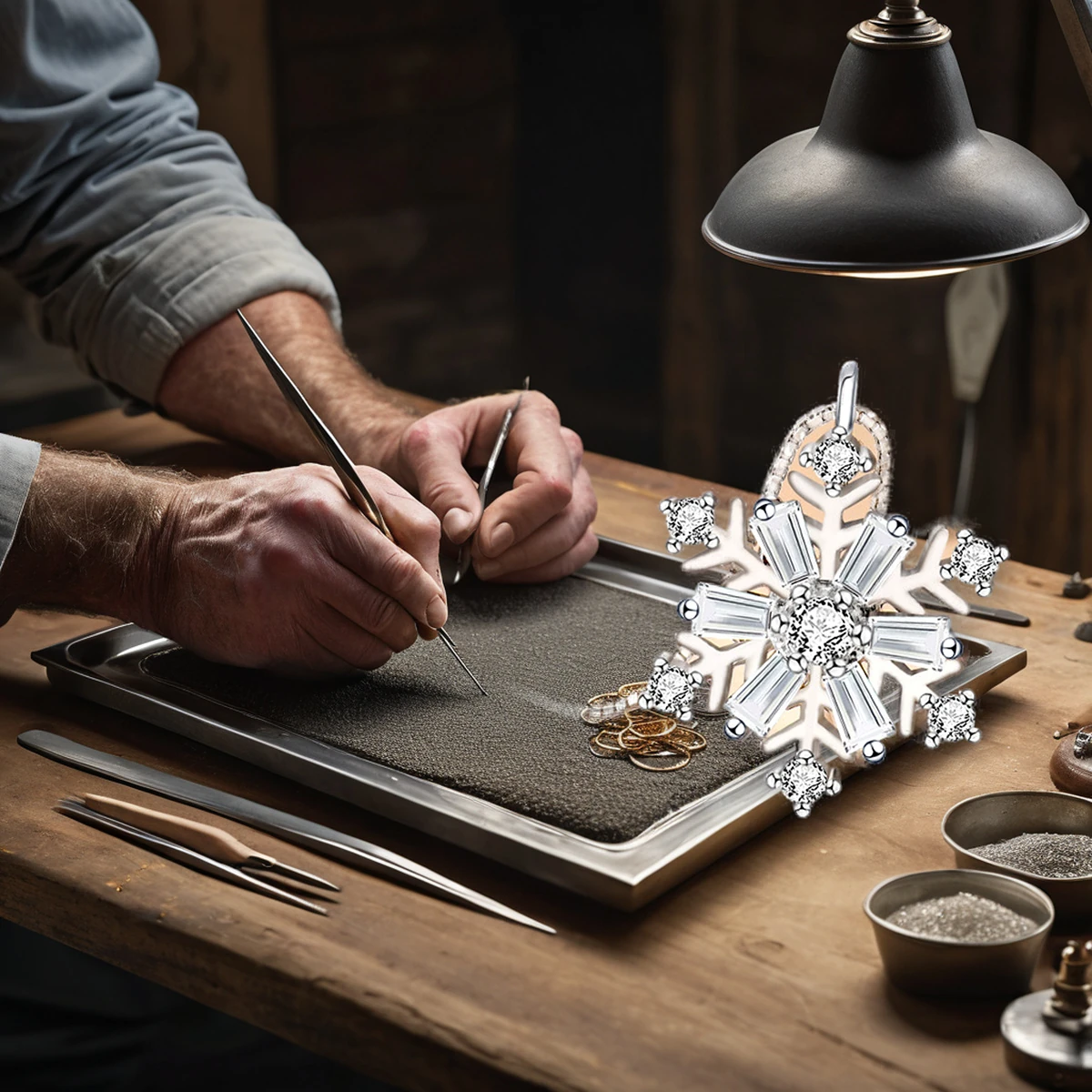 Jeweler finishing rotating snowflake necklace with sterling silver pendant