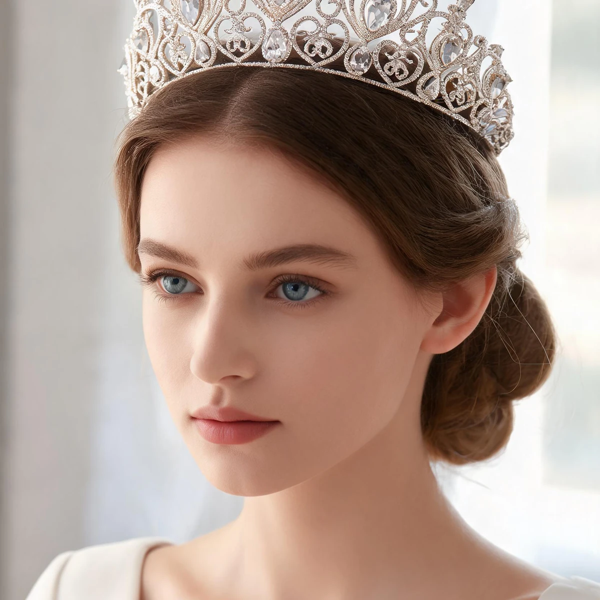 Western bride wearing royal crystal crown in window light