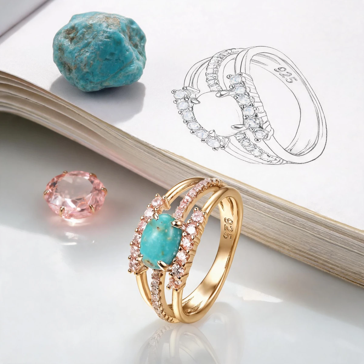 Turquoise ring design story with natural gemstones and ring sketch