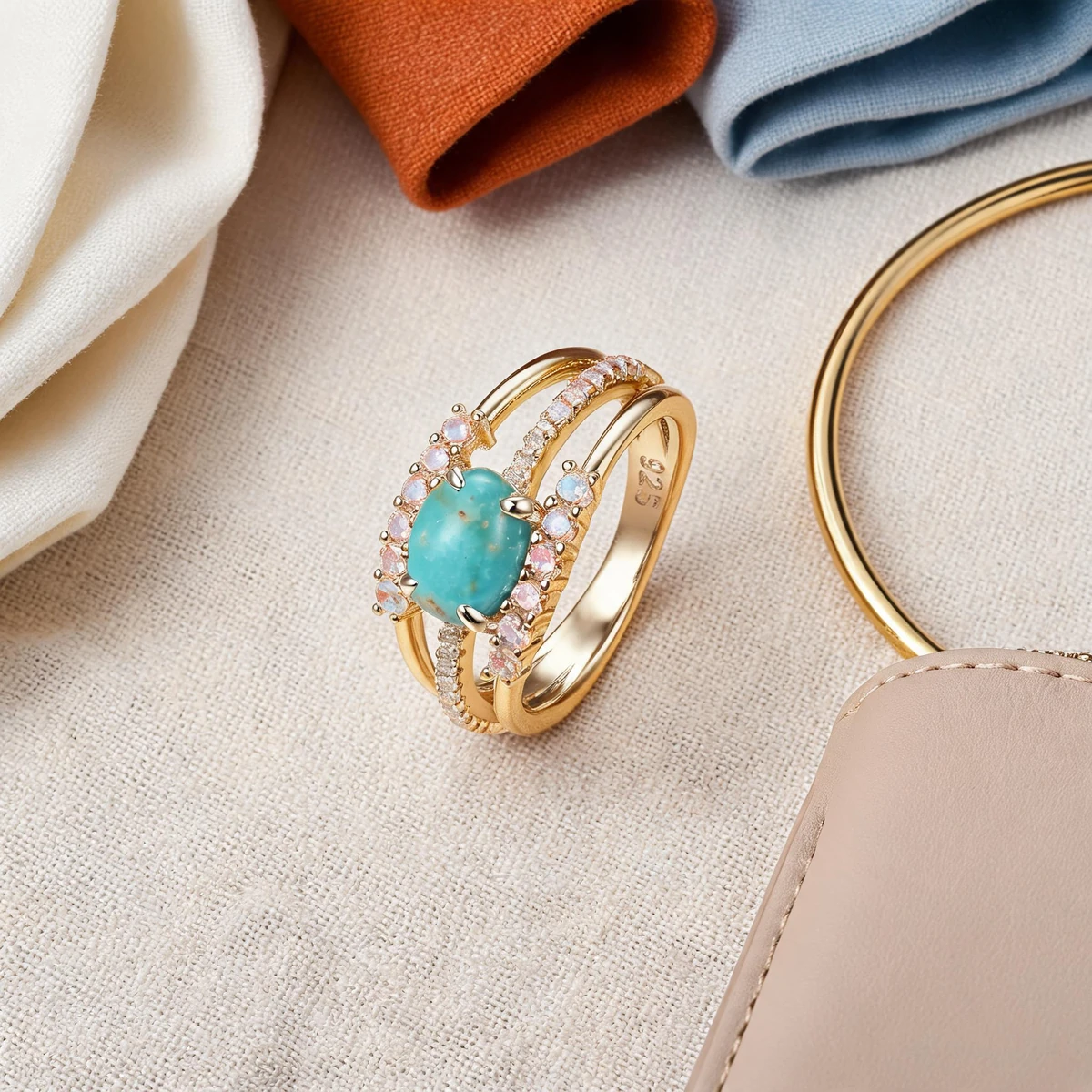 Turquoise ring styled with neutral and colourful outfit details