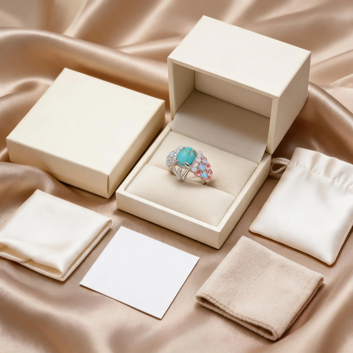 Turquoise ring complete gift set with box pouch and polishing cloth
