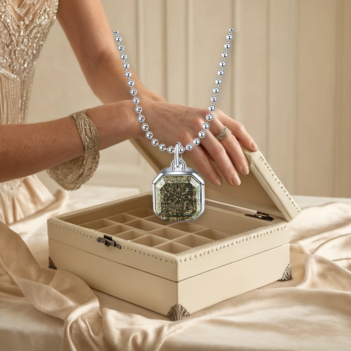 Western woman wearing smoky quartz pendant with gift styling