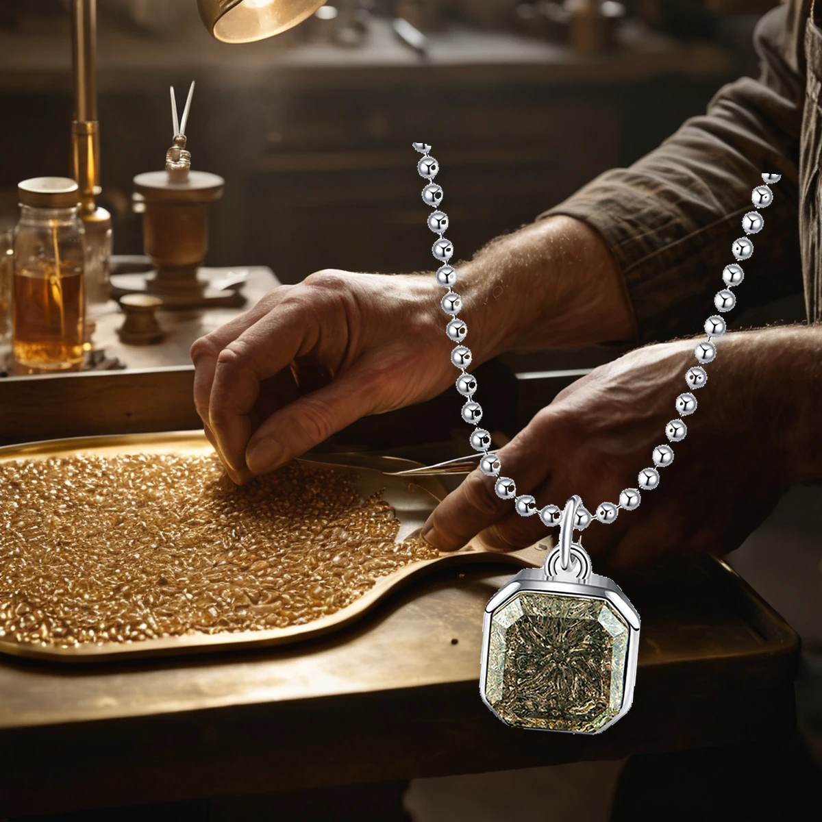 Jeweler finishing a smoky quartz square pendant