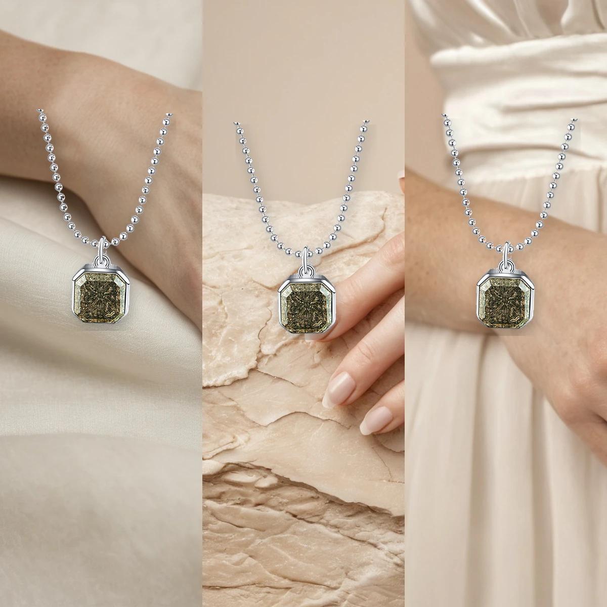 Three styling ideas for a smoky quartz square pendant necklace