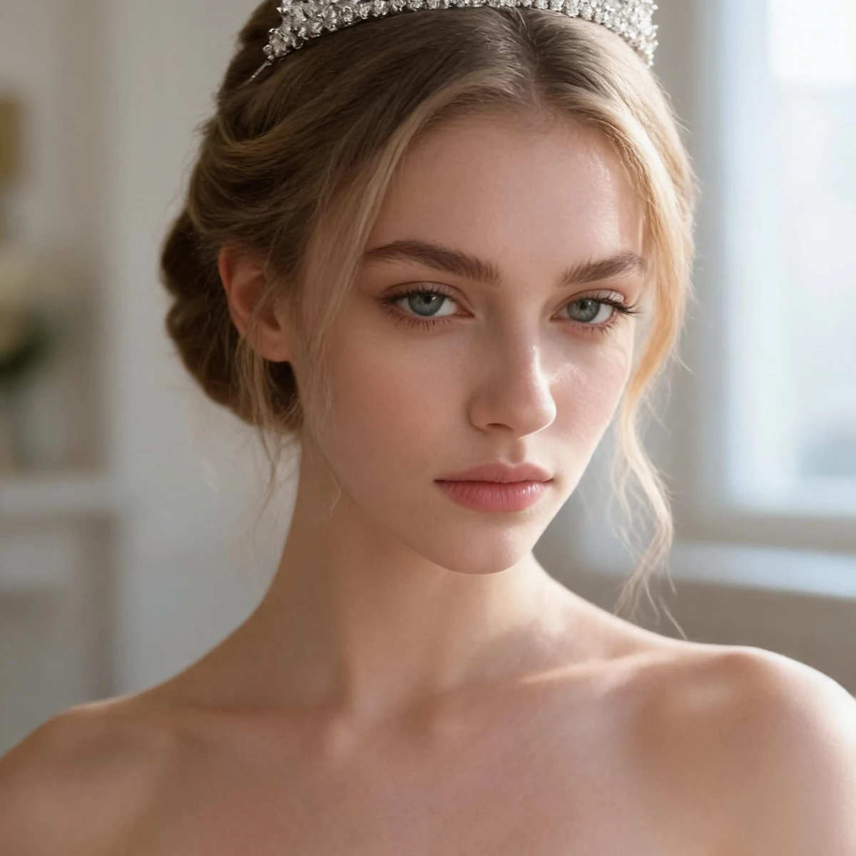 bride in soft window light wearing sparkling crystal crown tiara