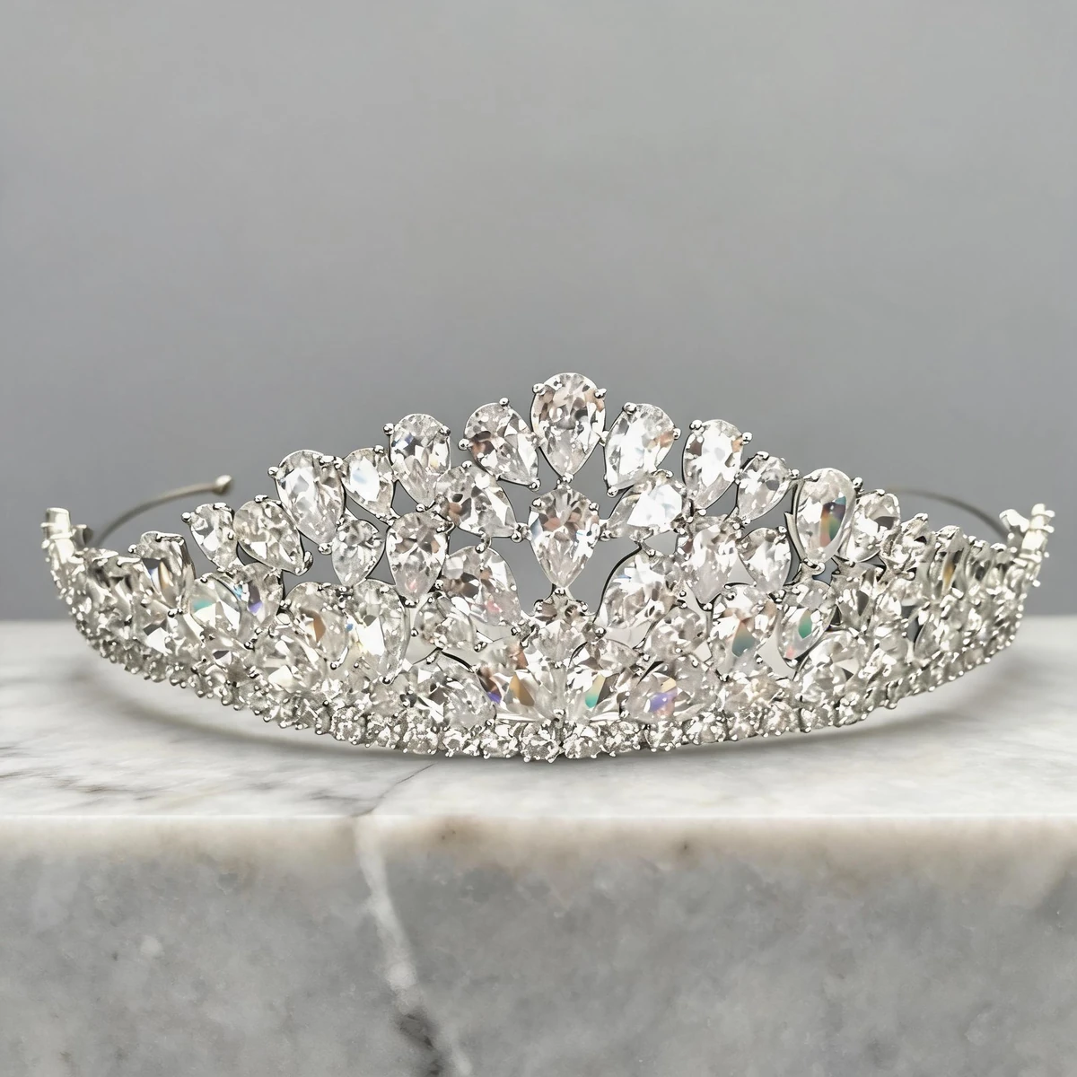 clear zircon-style stones and silver tone metal on crystal crown tiara