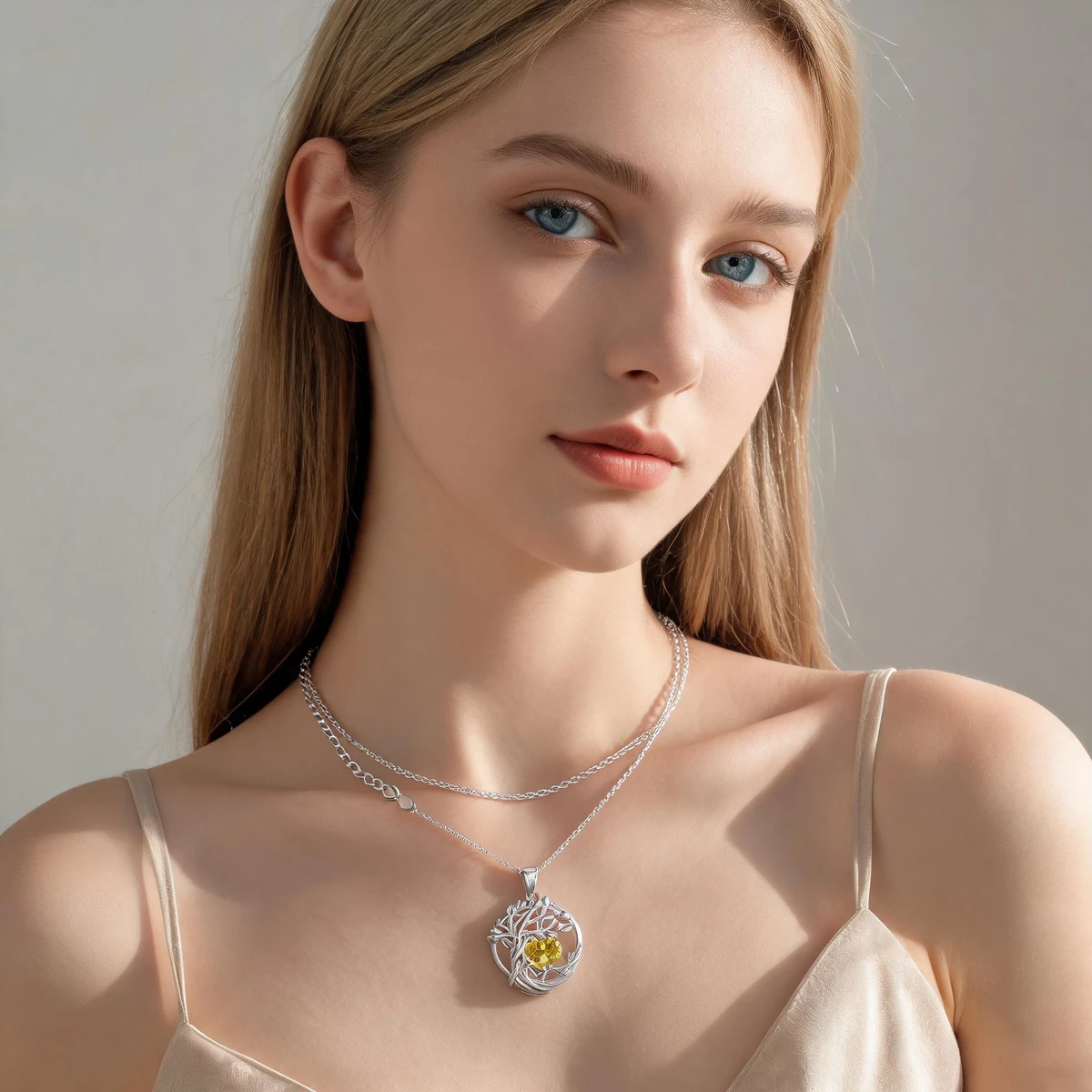 Western woman wearing Tree of Life silver birthstone necklace - tree of life necklace
