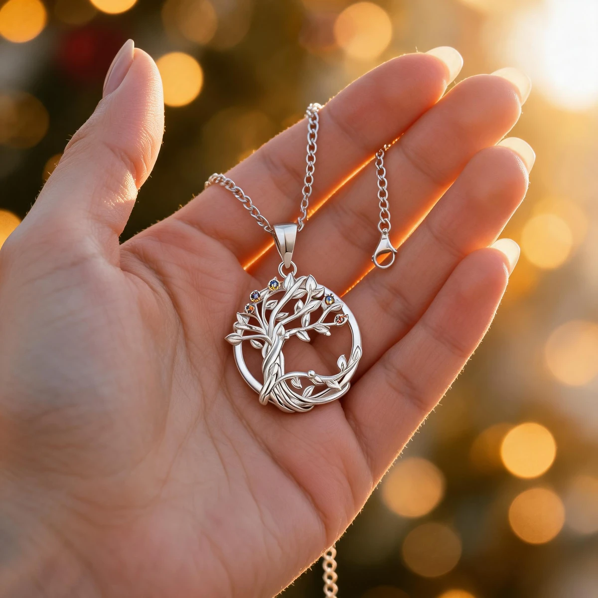 The miraculous Tree of Life silver necklace was held in both hands as a gift of extraordinary significance. - tree of life necklace