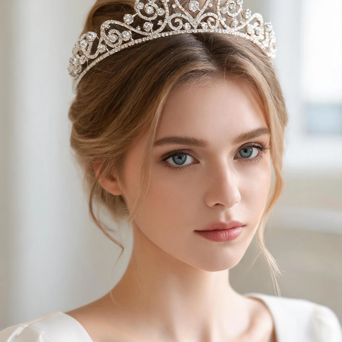 bride in soft window light wearing white crystal crown tiara