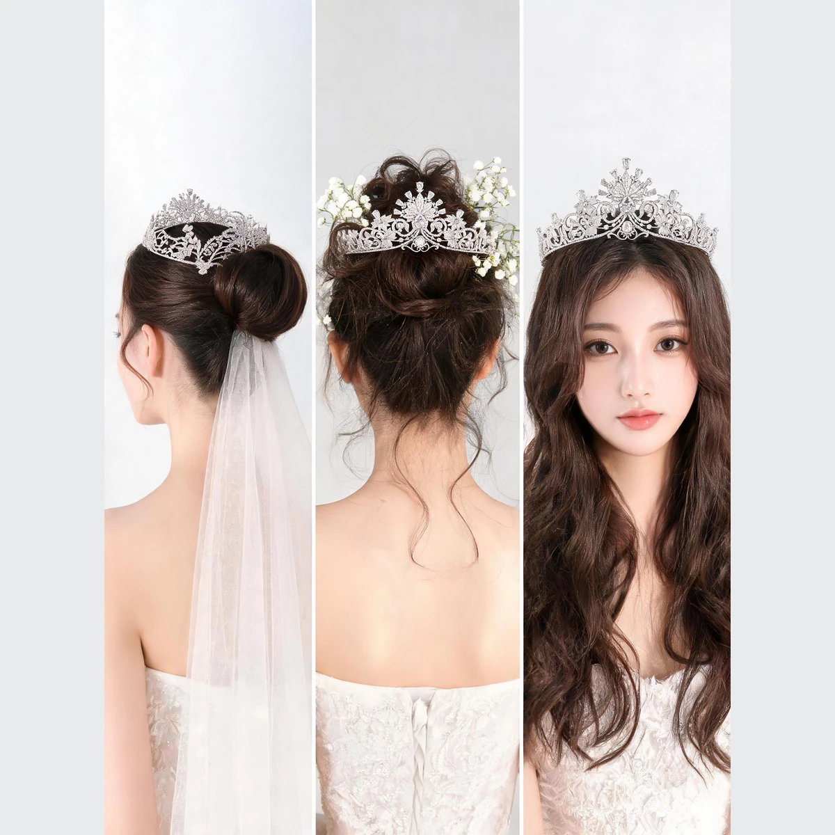 crystal leaf tiara styling guide for three bridal wedding looks